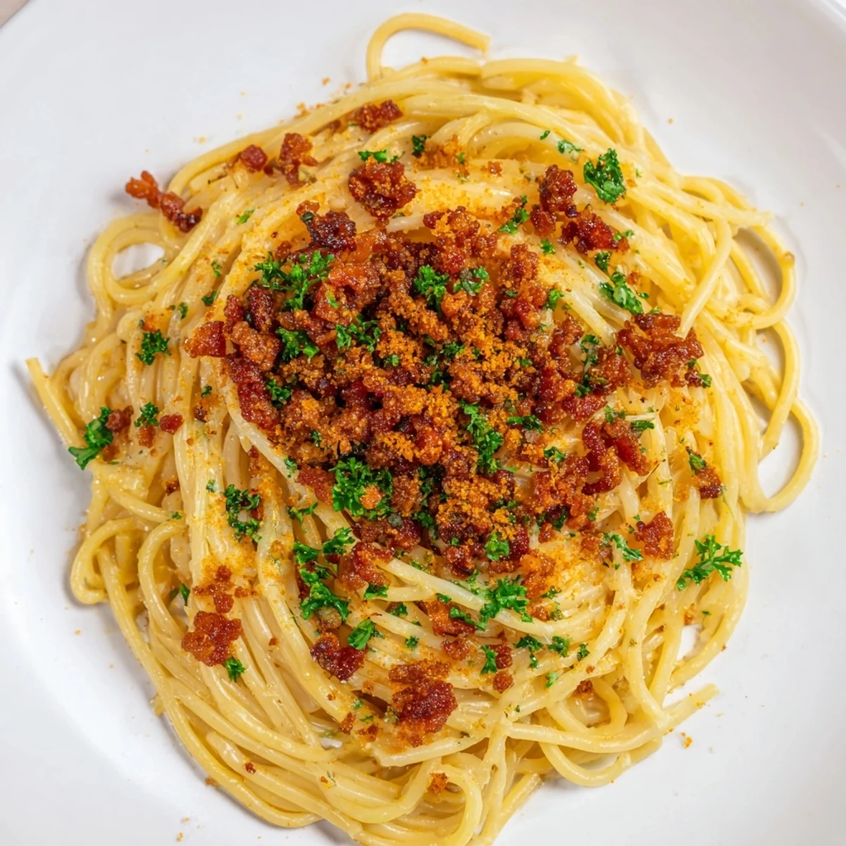 Golden, crispy bacon tops the flavorful Garlic Butter Pasta, a delicious Italian-American main dish.