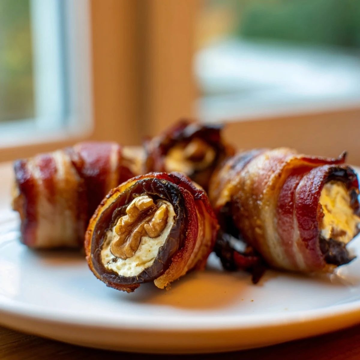 Crispy bacon-wrapped dates stuffed with cream cheese and walnuts, a delicious appetizer ready to serve.
