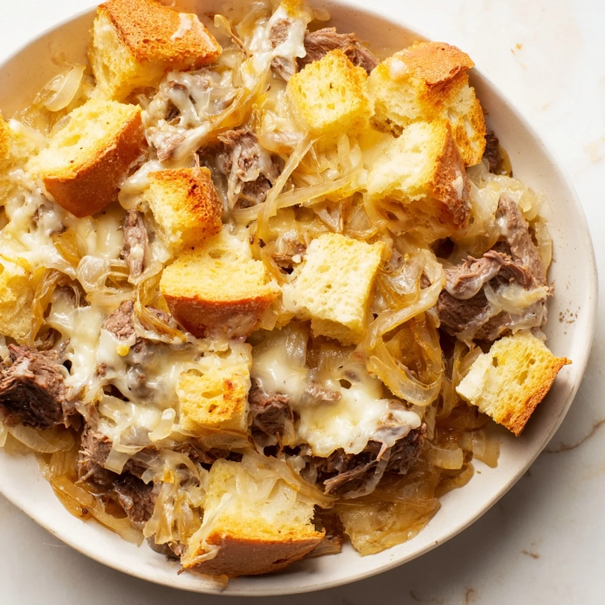 Golden, bubbly French Onion Pot Roast Casserole, a comforting blend of tender beef, caramelized onions, and cheese.