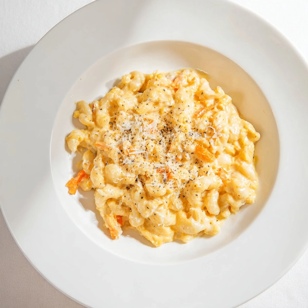 One-Pot Butternut Squash Mac & Cheese bubbling in a pot, ready to be served, topped with cheese.