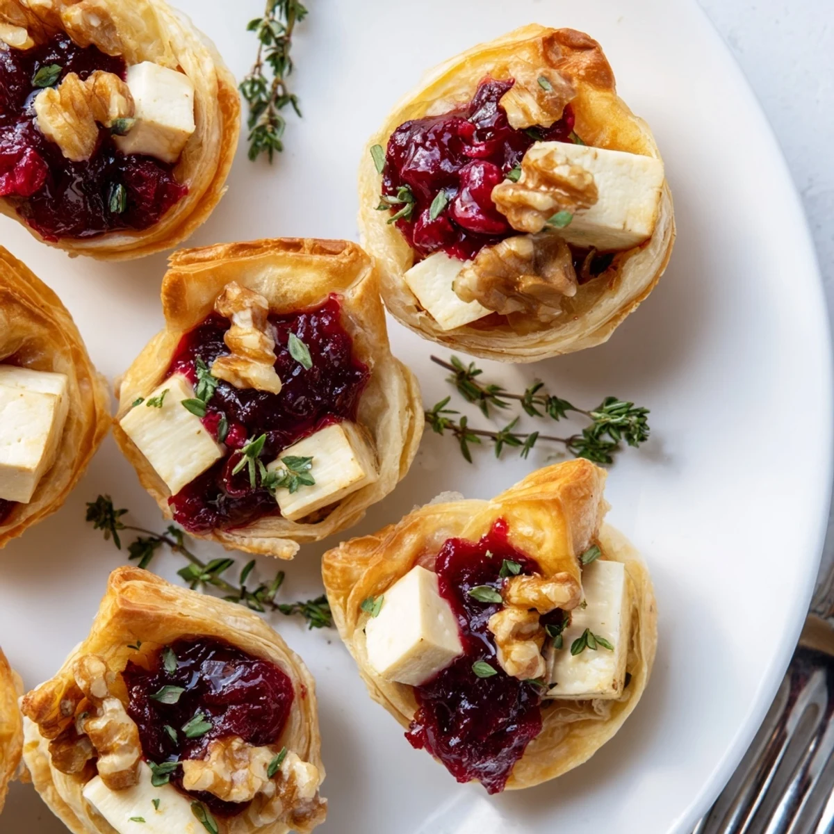 Golden, flaky Cranberry Brie Bites, warm from the oven, with melted cheese and cranberry.