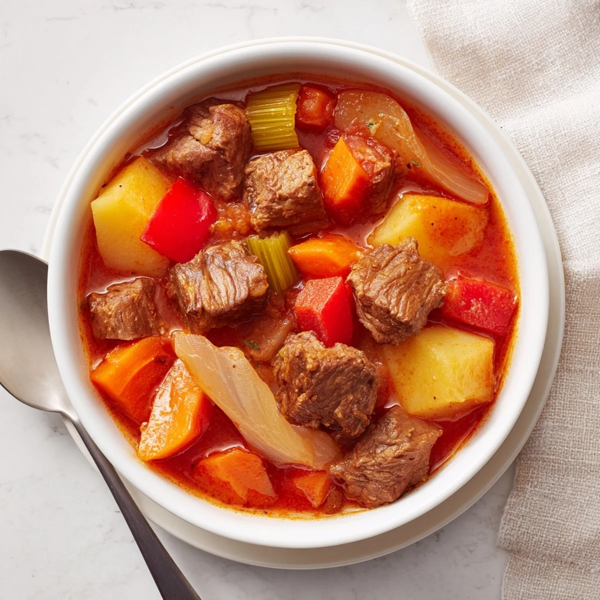 A steaming bowl of Smoked Paprika & Garlic Beef Stew, rich with tender beef and vibrant vegetables.