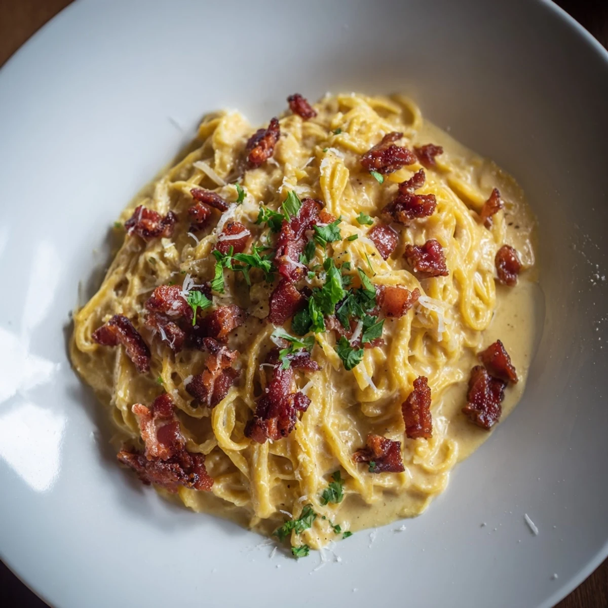 Creamy carbonara ramen fusion glistening with Parmesan, ready for a delicious dinner, enticing!