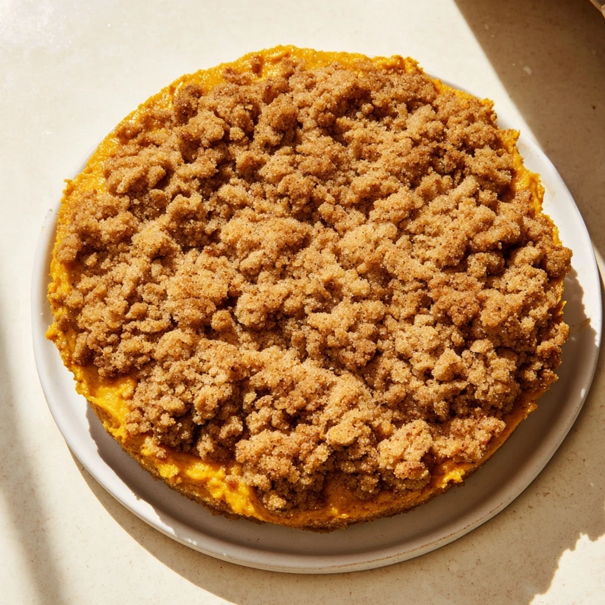 Golden brown pumpkin crisp, warm from the oven, ready to be served for dessert.