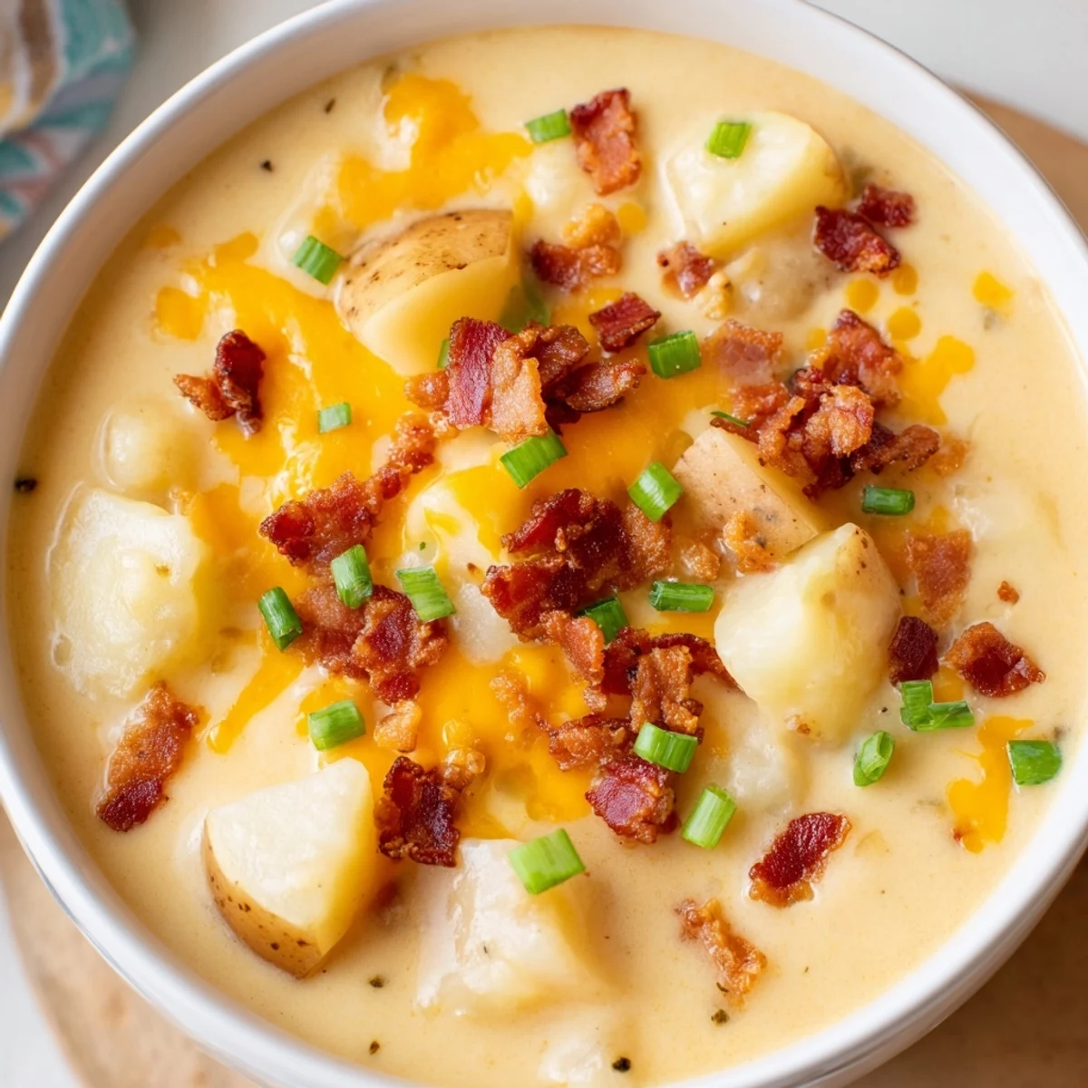 This photo features a steaming bowl of Crockpot Loaded Baked Potato Soup, loaded with toppings, ready to enjoy with crusty bread.