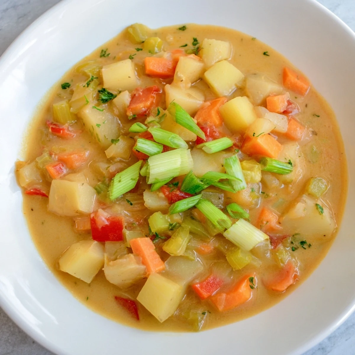 Rich, thick Slow Cooker Cajun Potato Soup with visible chunks of potato and vibrant vegetables.