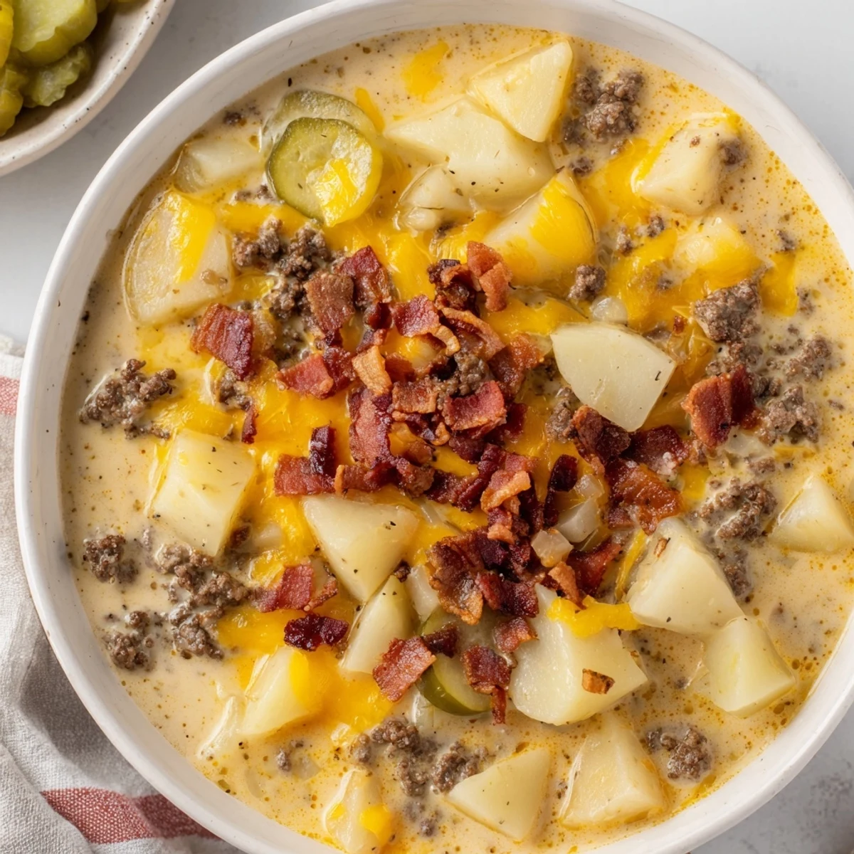 A steaming crockpot Cheeseburger Soup with ground beef, potatoes, and cheddar, ready to warm you up.