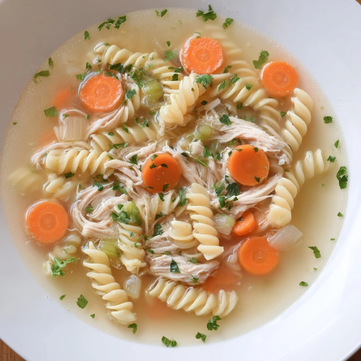 Hearty Crockpot Chicken Noodle Soup shows off the juicy chicken and pasta, ready to be served hot.