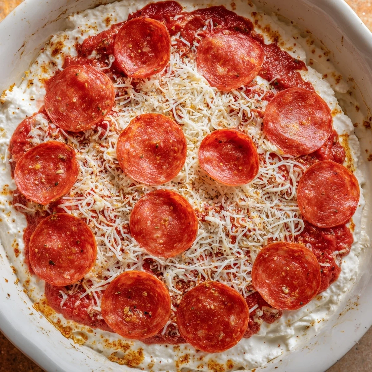A close-up of gooey pizza dip, layered with marinara, mozzarella, and perfectly browned pepperoni.