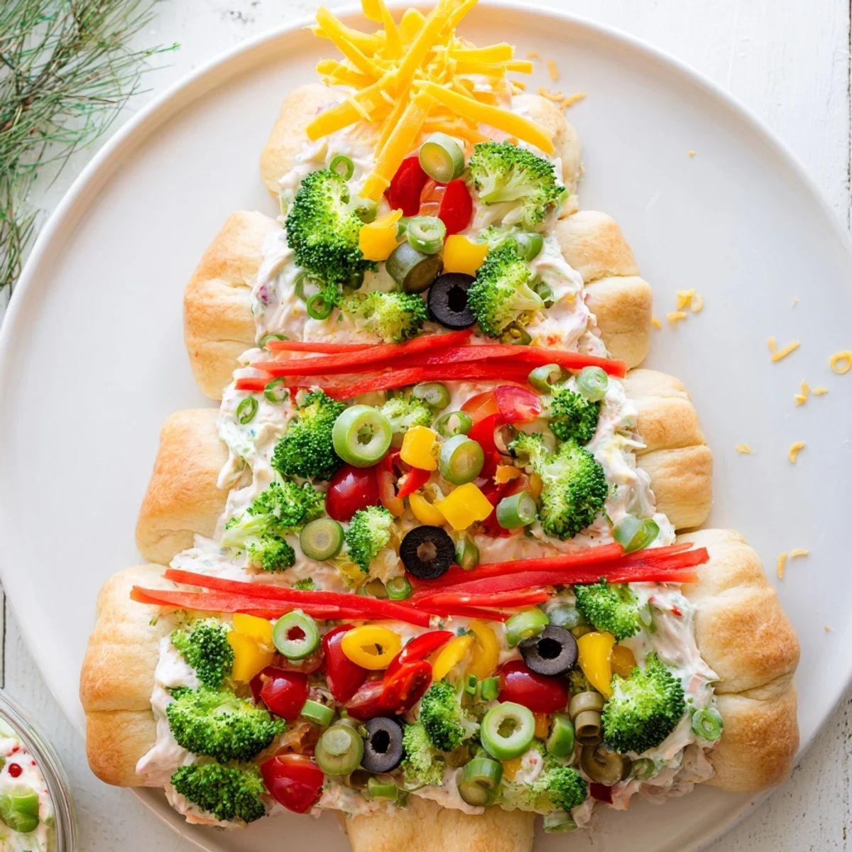 Bright, holiday-themed Easy Christmas Tree Veggie Pizza features a variety of fresh, crunchy vegetables arranged beautifully.