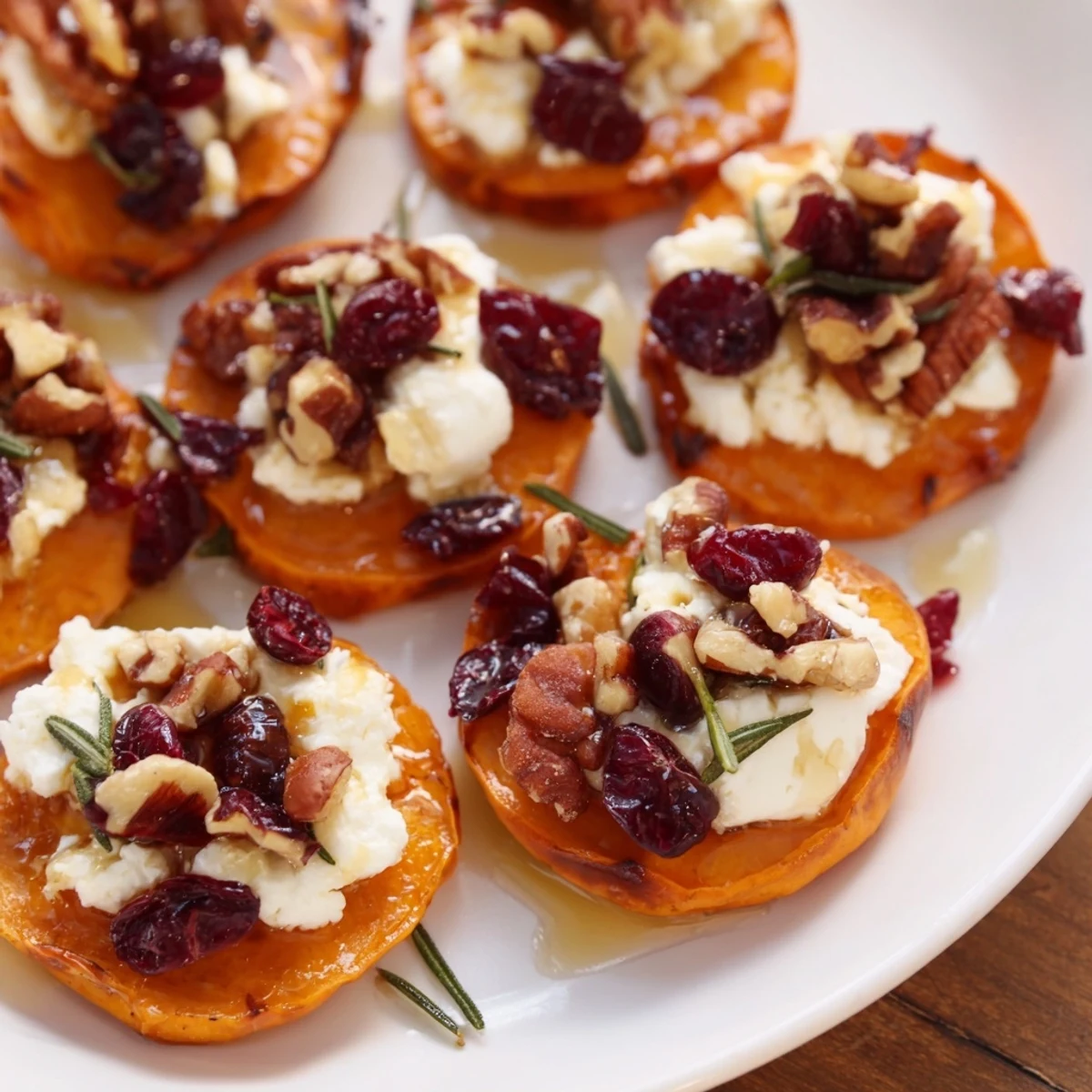 Express Holiday Sweet Potato Rounds, topped with creamy goat cheese, invitingly arranged on a platter.