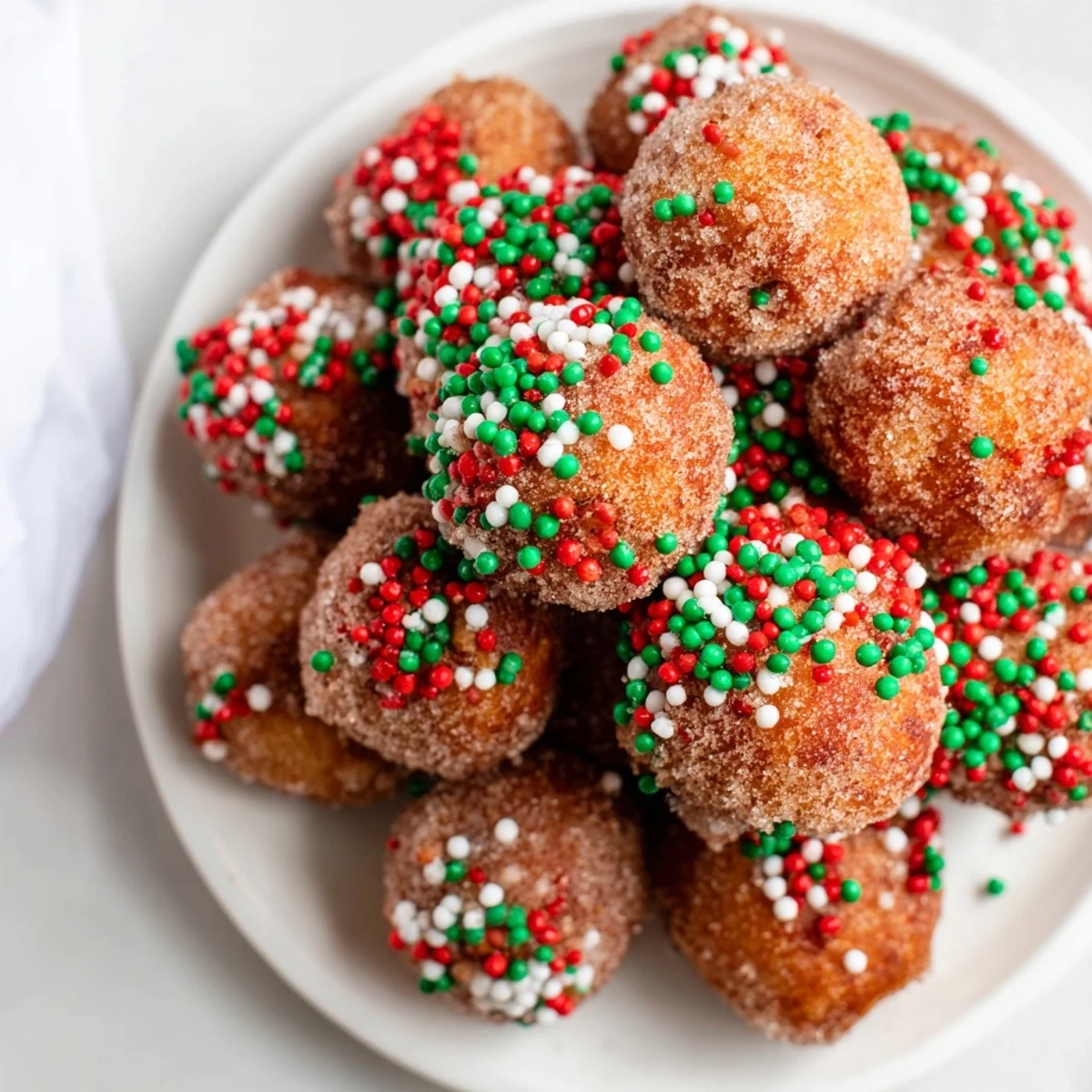 Golden air fryer Christmas donut holes topped with colorful holiday sprinkles, ready to enjoy.