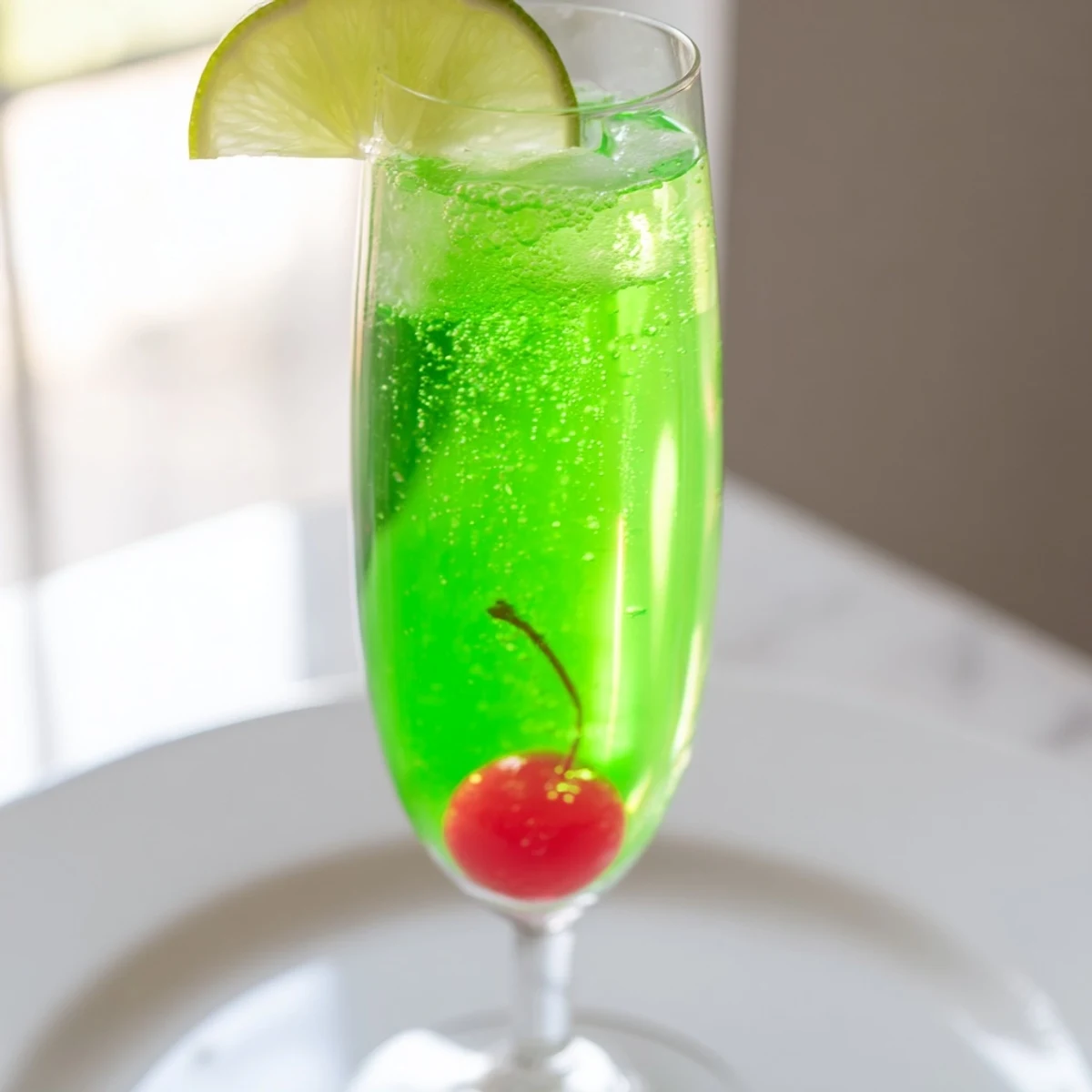 Vibrant green Quick Grinch Mimosa Mocktail in a champagne flute, garnished with cherry and lime.