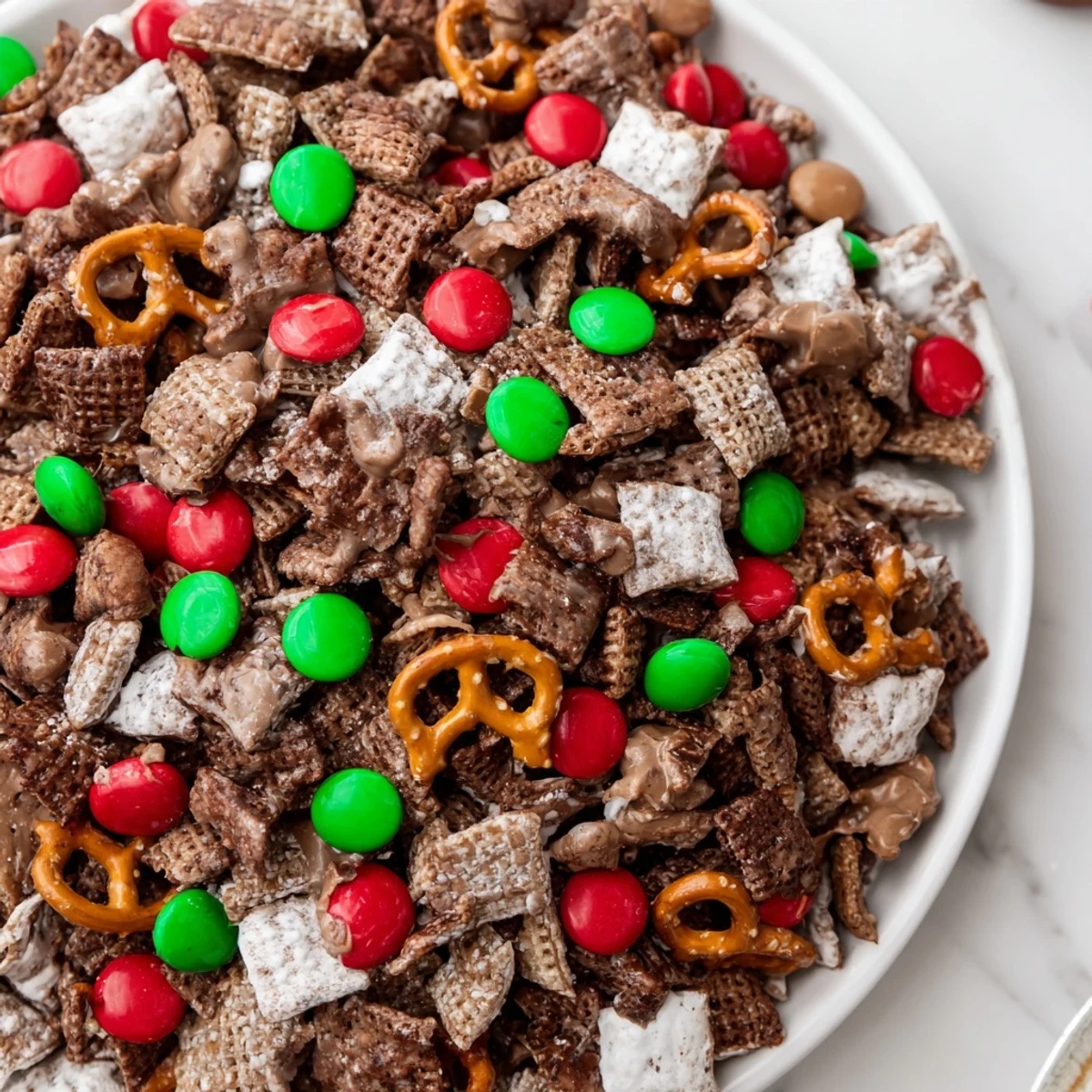 A wooden bowl filled with colorful Simplified Reindeer Chow mix ready to be enjoyed.
