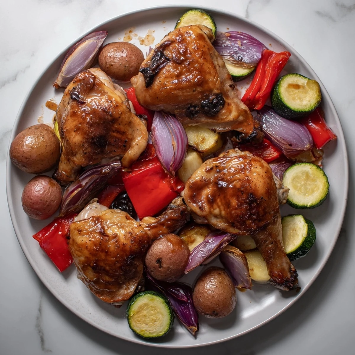 A one-pan delight: tender Black Garlic and Balsamic Chicken Sheet Pan with caramelized vegetables, perfect for dinner.