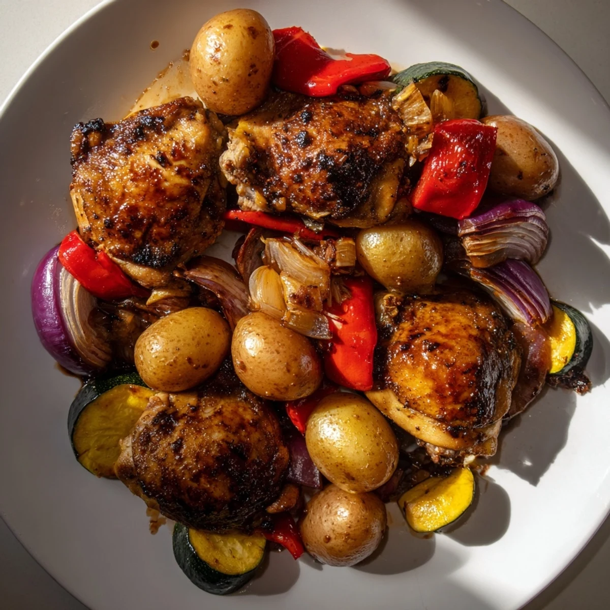 Golden roasted Black Garlic and Balsamic Chicken Sheet Pan, showcasing vegetables and glistening chicken thighs, ready to serve.