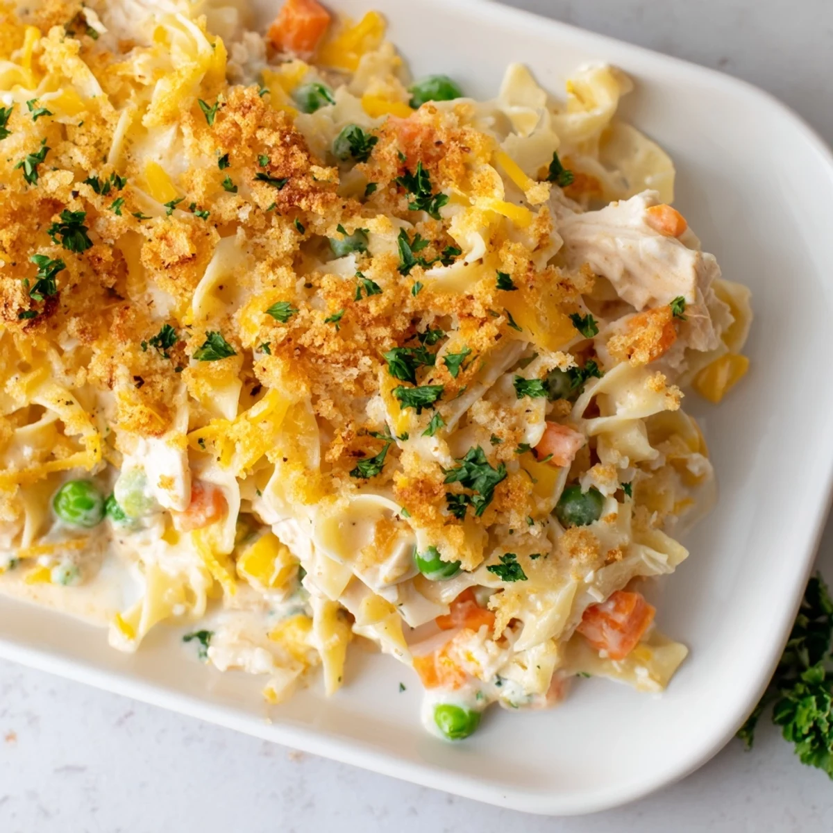 A close-up view of the baked golden crust covering a creamy Baked Cream of Chicken Noodle Soup Pasta casserole.