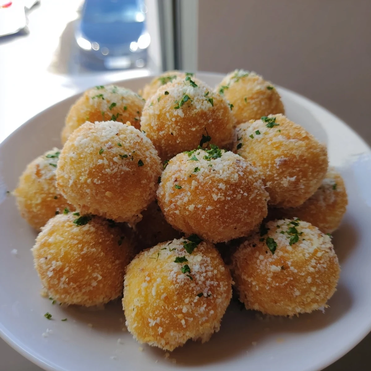 Enjoy warm Creamy Chicken & Rice Arancini Balls dipped in marinara, the perfect comfort food.