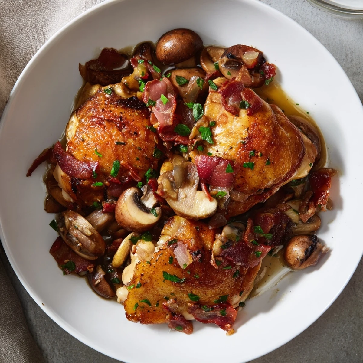 Golden-brown Instant Pot Coq au Vin Style Chicken Thighs resting in a flavorful red wine reduction.