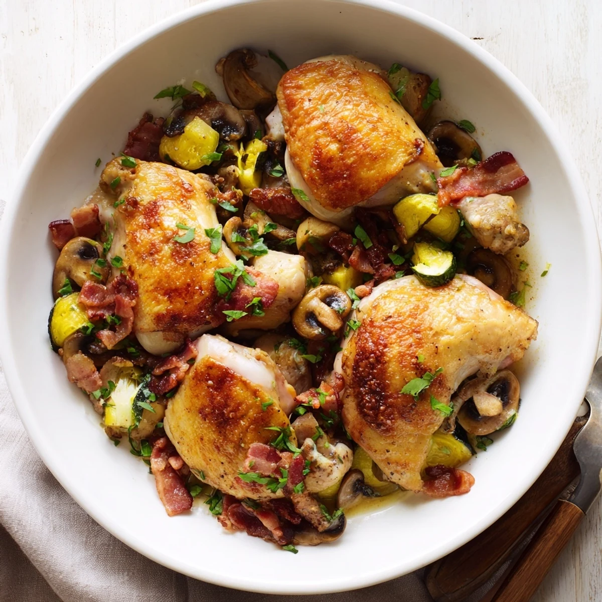 A close-up of steaming Instant Pot Coq au Vin Style Chicken Thighs, garnished with fresh parsley.