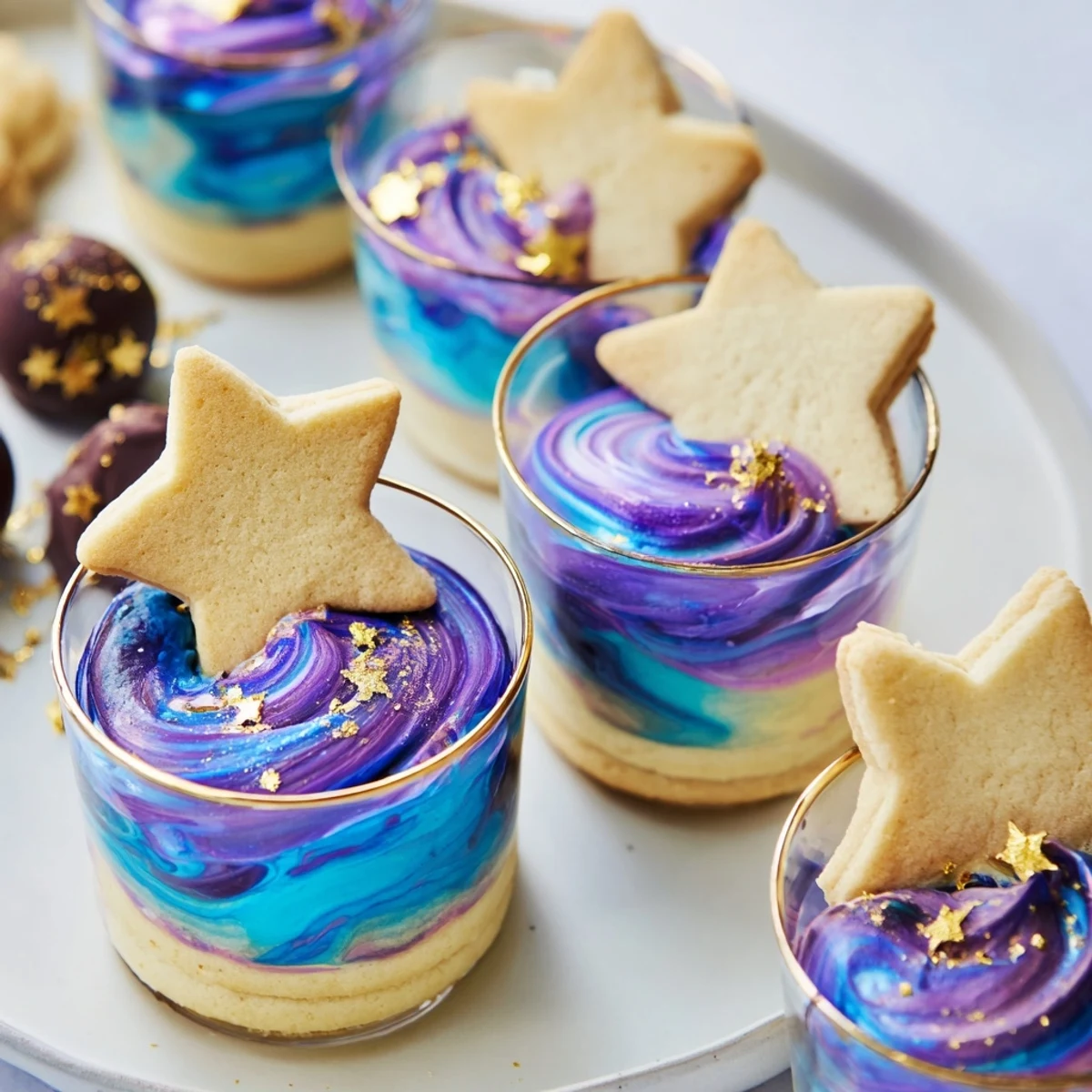 A beautiful Stargazers Dessert Platter, featuring lemon star cookies, galaxy mousse, and chocolate truffles.