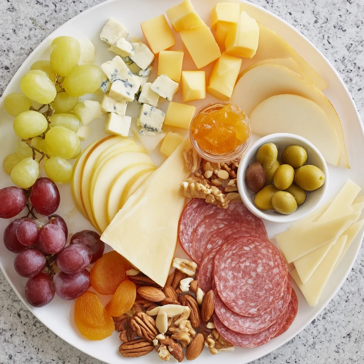 This Moonlight Picnic Board displays an inviting spread of cheeses, meats, crackers, and honey, ready to eat.