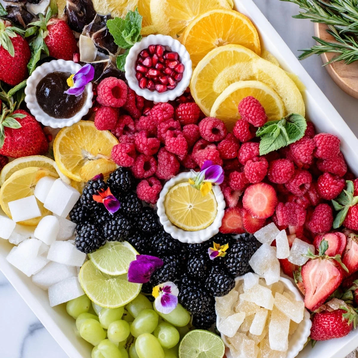 A festive Bubbly Bar New Years Eve Garnish Tray overflowing with fresh berries, citrus, and sweet accents.