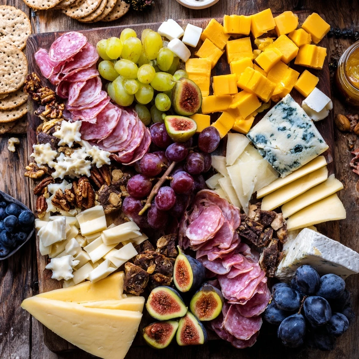 A festive Shining Bright Christmas 2025 Board overflowing with cheeses, fruits, and assorted treats.