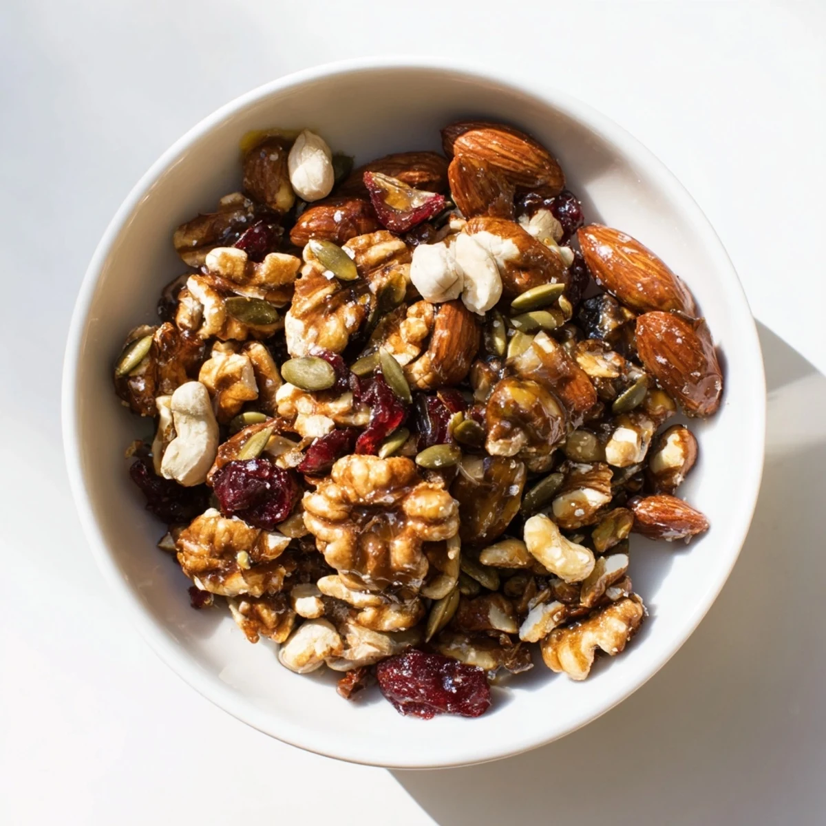 Gorgeously textured Squirrels Gourmet Nut Bowl, with toasted nuts and dried cranberries, perfect as a snack.