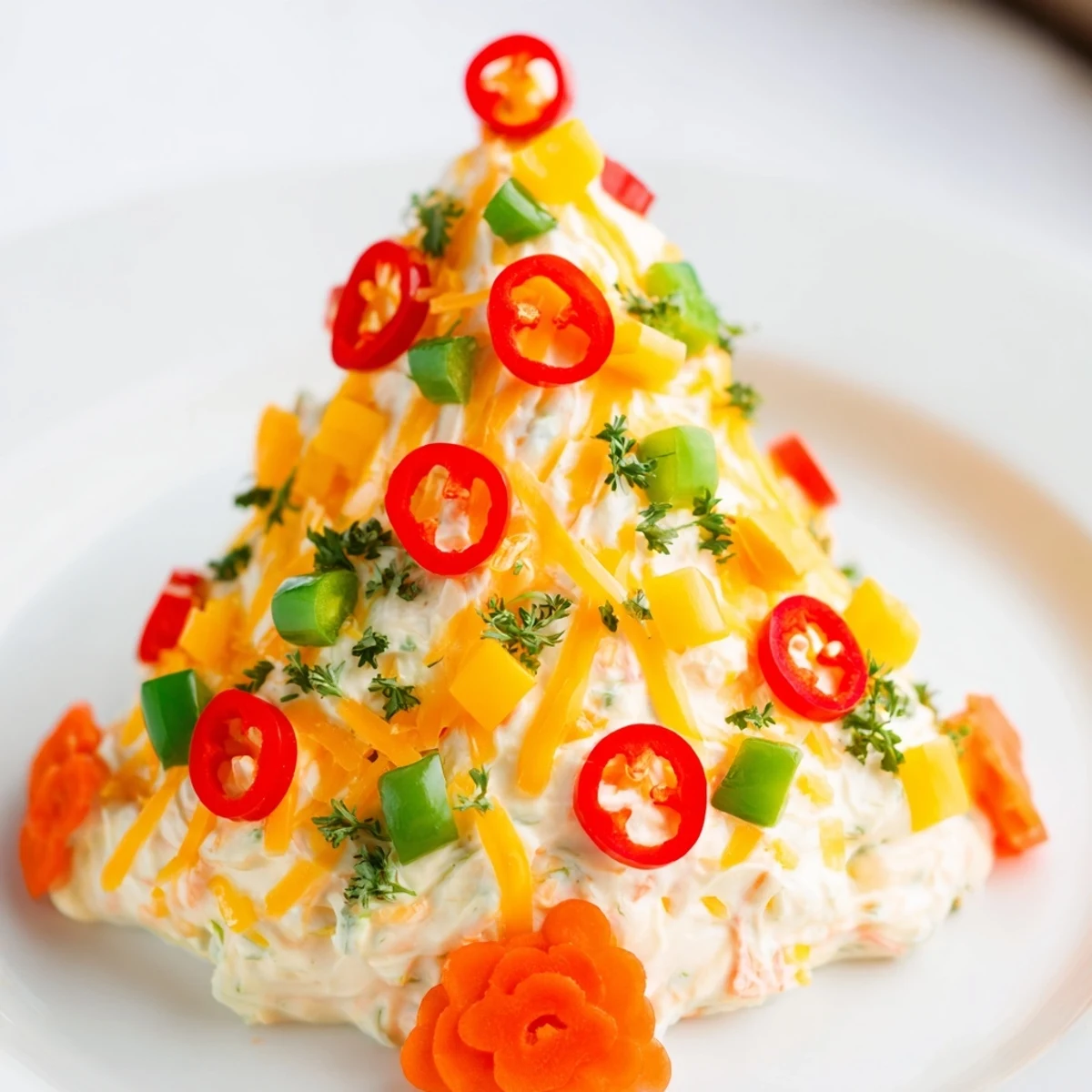 Zesty Chili Pepper Christmas Tree Dip, a visually appealing appetizer for holiday parties, served with crackers.