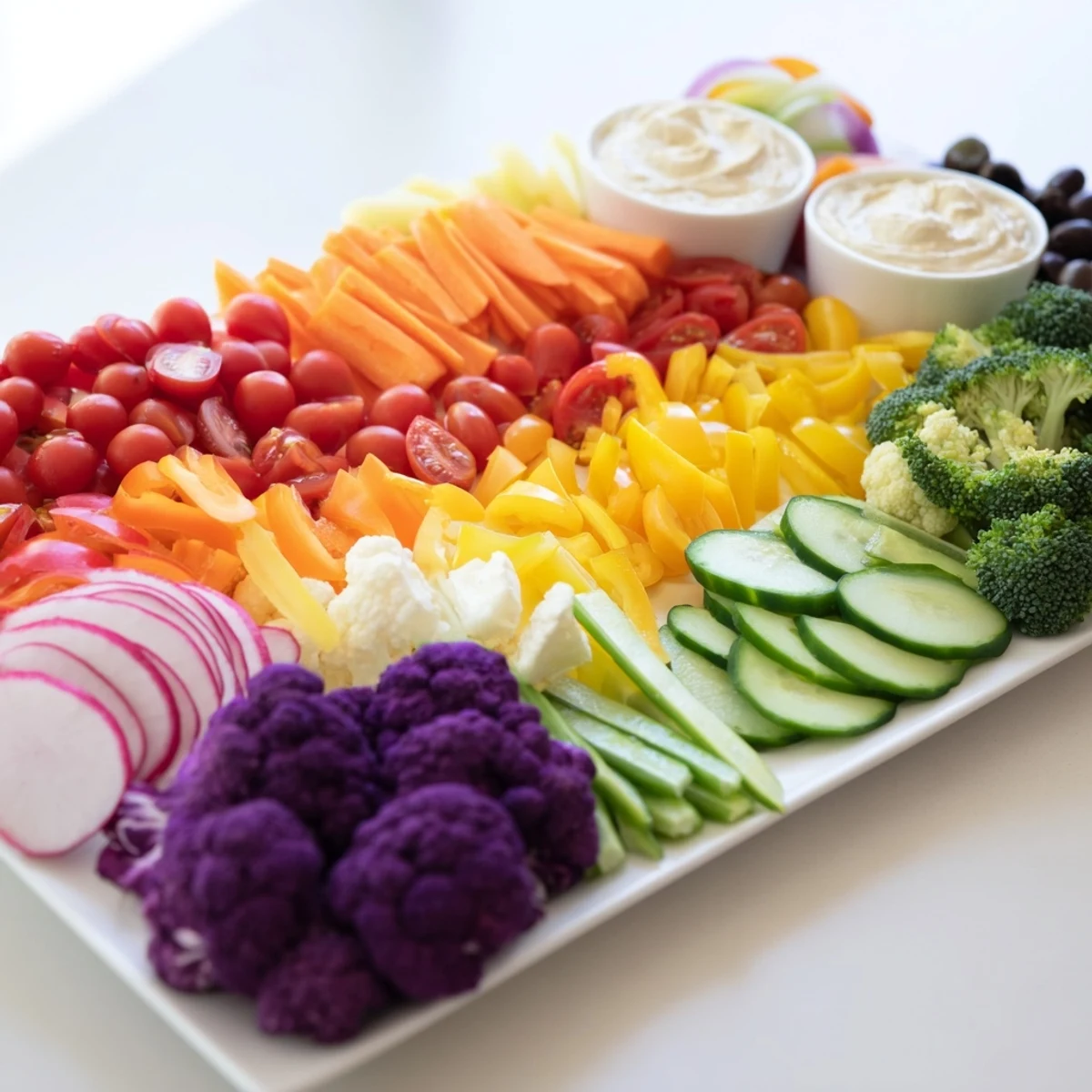 A visually stunning Colorful Vegetable Rainbow Board featuring fresh, colorful, and healthy appetizers for a party.