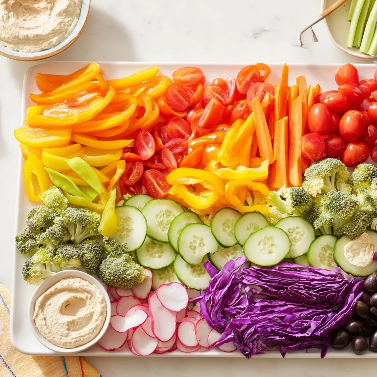 Vibrant Colorful Vegetable Rainbow Board arrangement: bright bell peppers, tomatoes, and broccoli inviting you to snack.