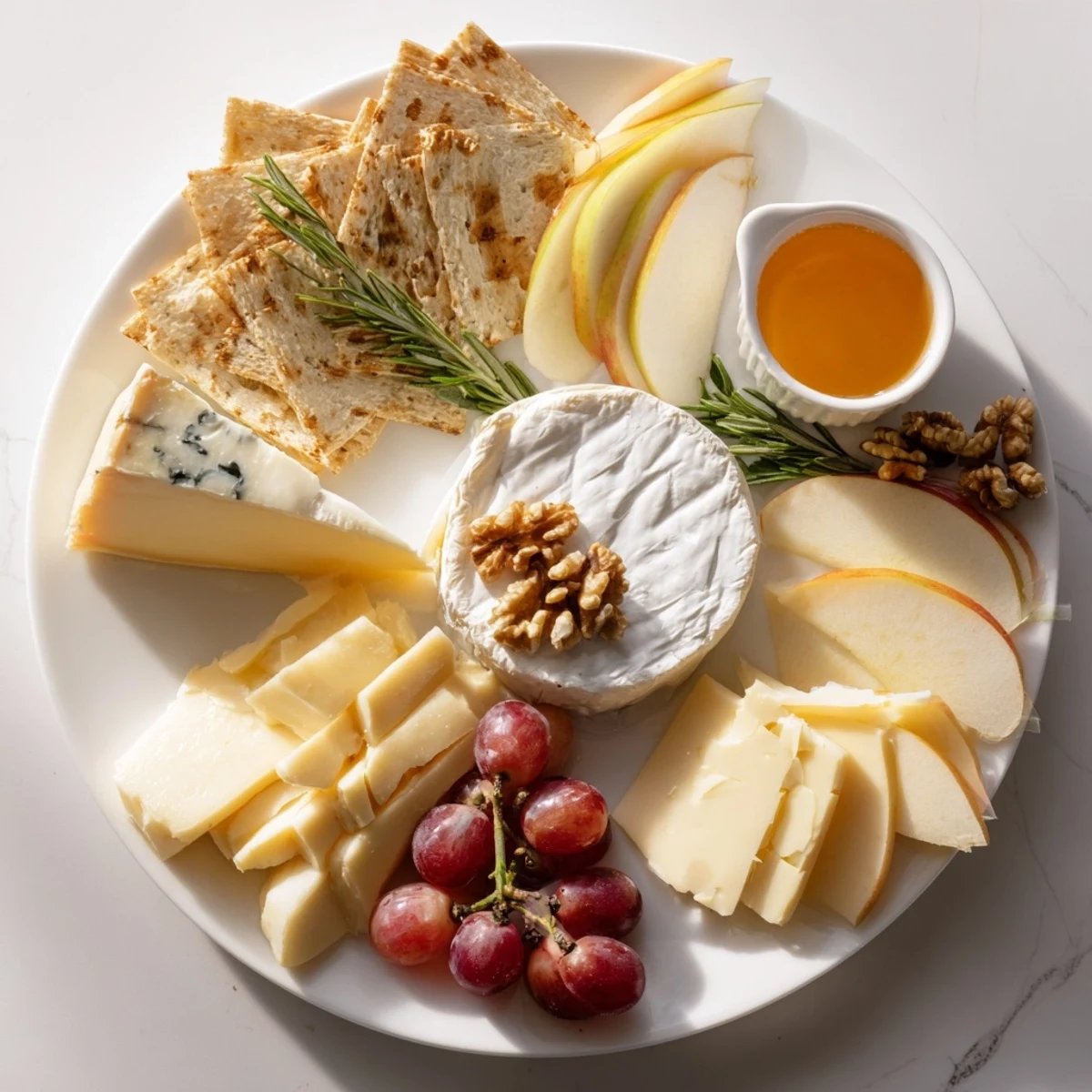 A visually appealing Cheese Plate offers creamy brie, sharp cheddar, and blue cheese alongside cracker rings.