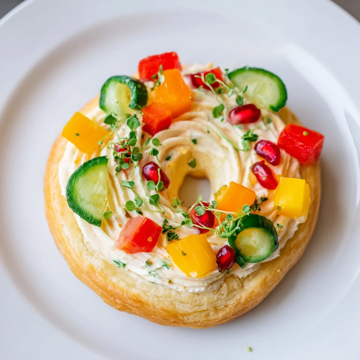 Mini savory tartlets, a beautiful wreath of pastry filled with creamy cheese and fresh veggies.