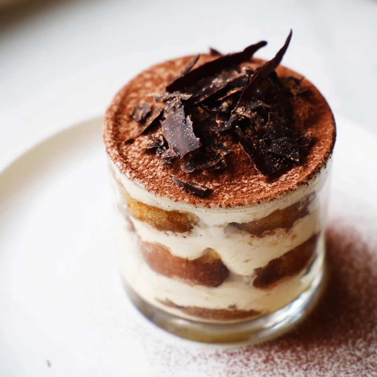 Close-up of decadent Countdown Tiramisu Shots showcasing creamy layers and delicate cocoa dusting.