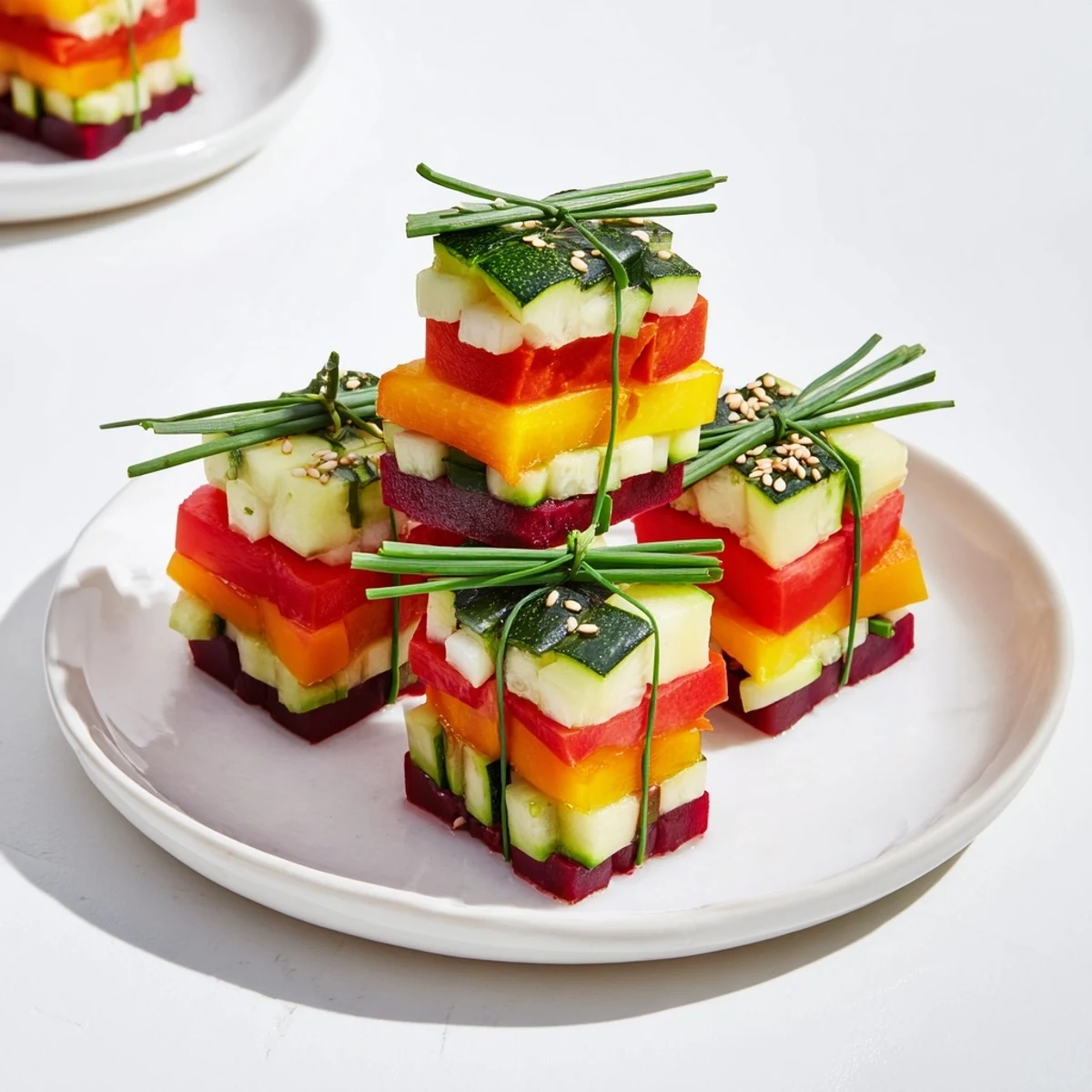Vibrant Stacked Gift Box Veggie Cubes, a festive appetizer with colorful, fresh vegetable layers for the holidays.