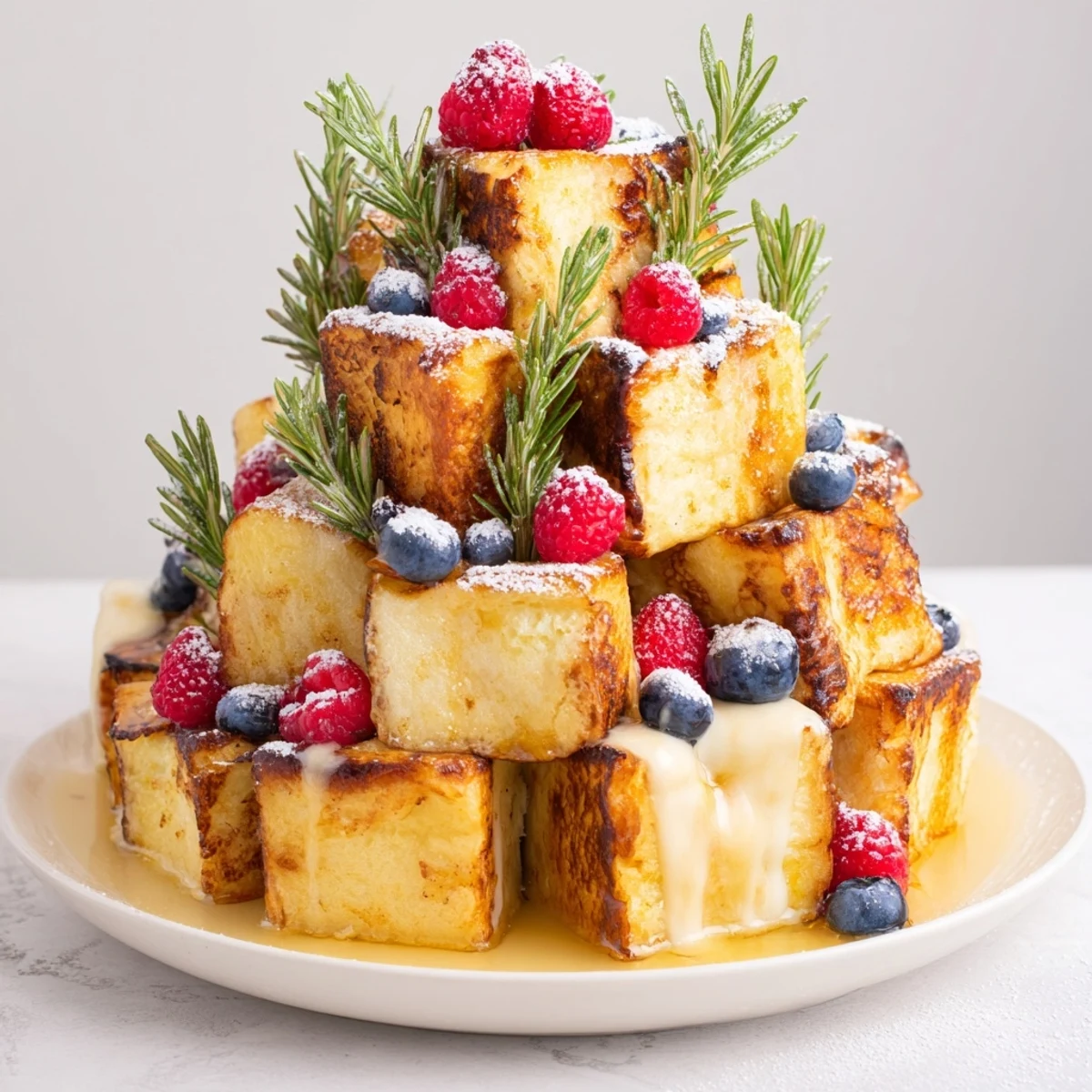 Golden-brown Eggnog French Toast Bites, stacked beautifully as a holiday tree, ready to be enjoyed.