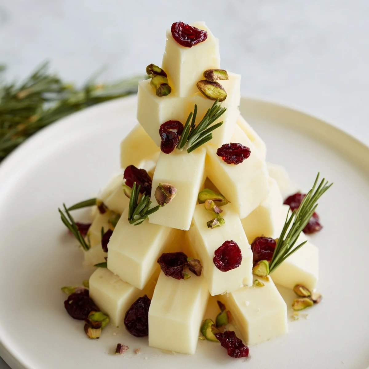 Festive Cranberry White Cheddar Tree appetizer glistens with cranberries and fresh rosemary, ready to serve.