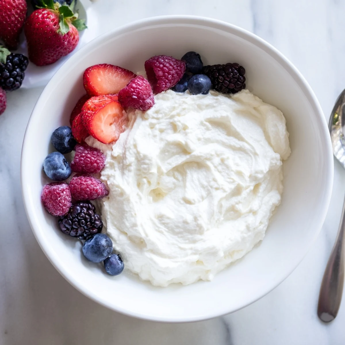A serving bowl full of fluffy cream cheese fruit dip, ready to be enjoyed with a medley of fresh berries.