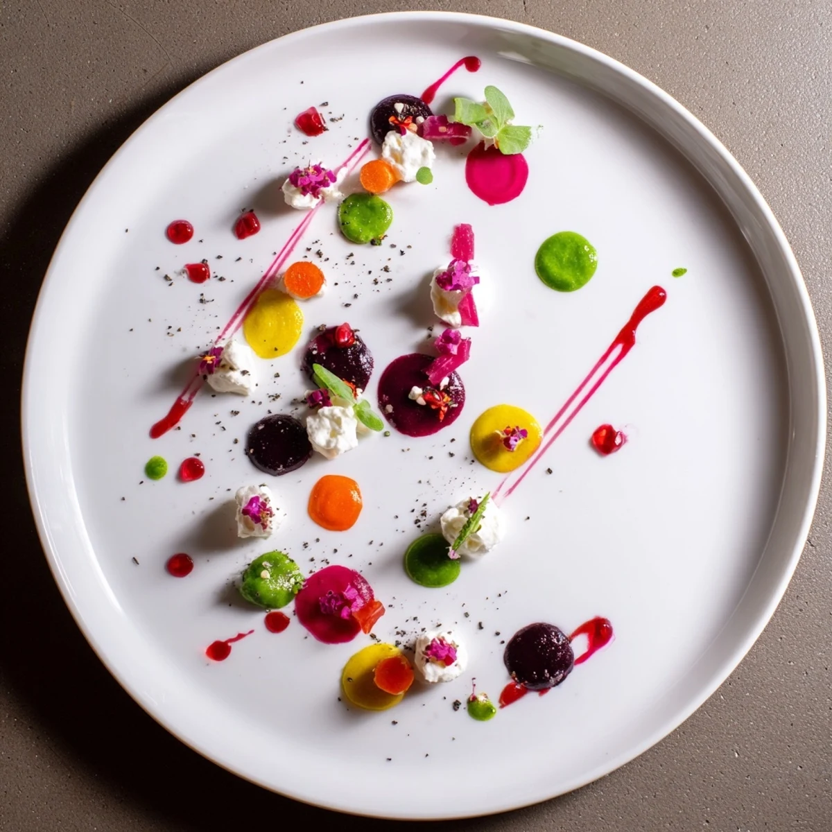 The Pointillism Dot Matrix appetizer features vibrant veggie purees dotted on the plate.