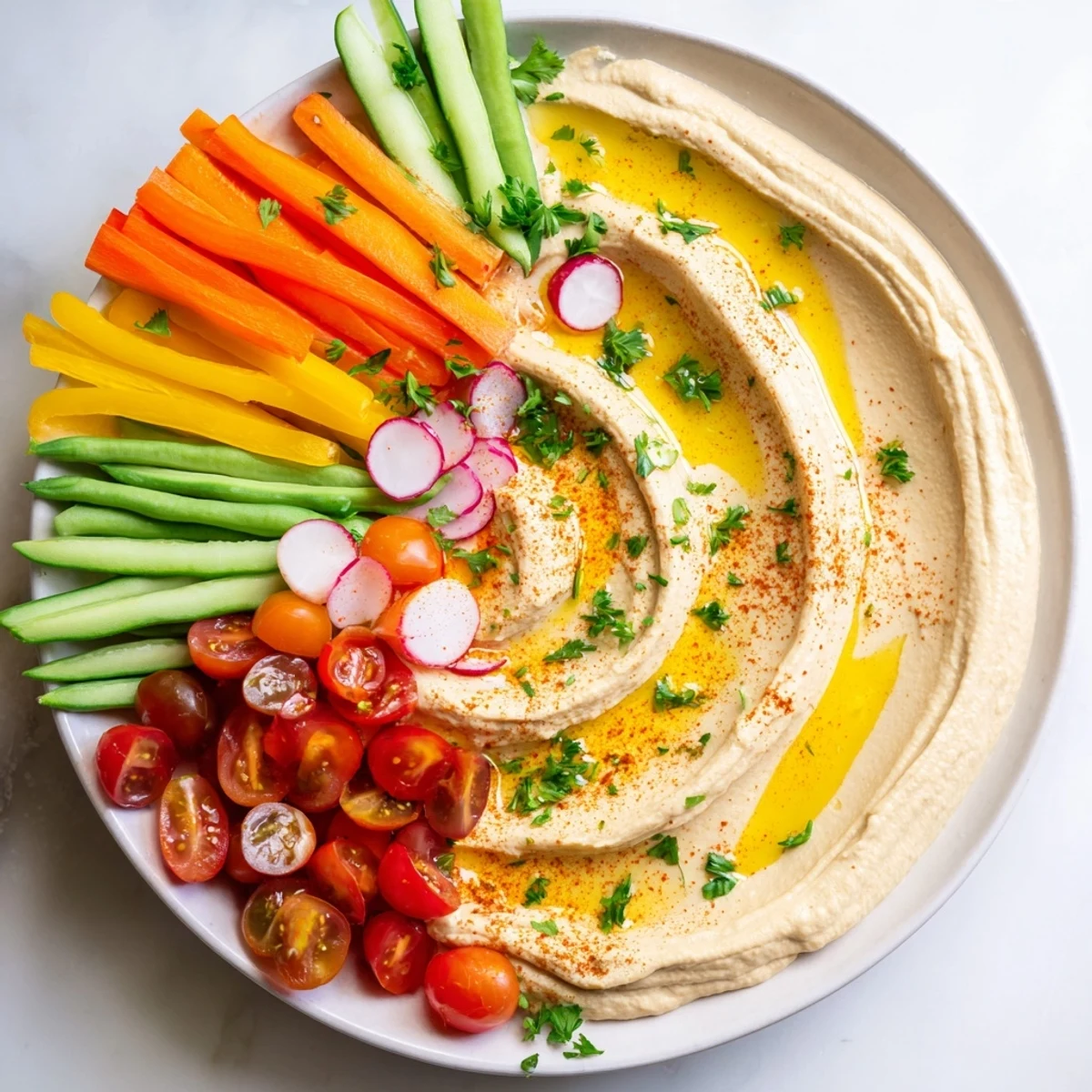 Mediterranean River Delta Flow: a beautiful platter of arranged vegetables leading to a creamy dip.