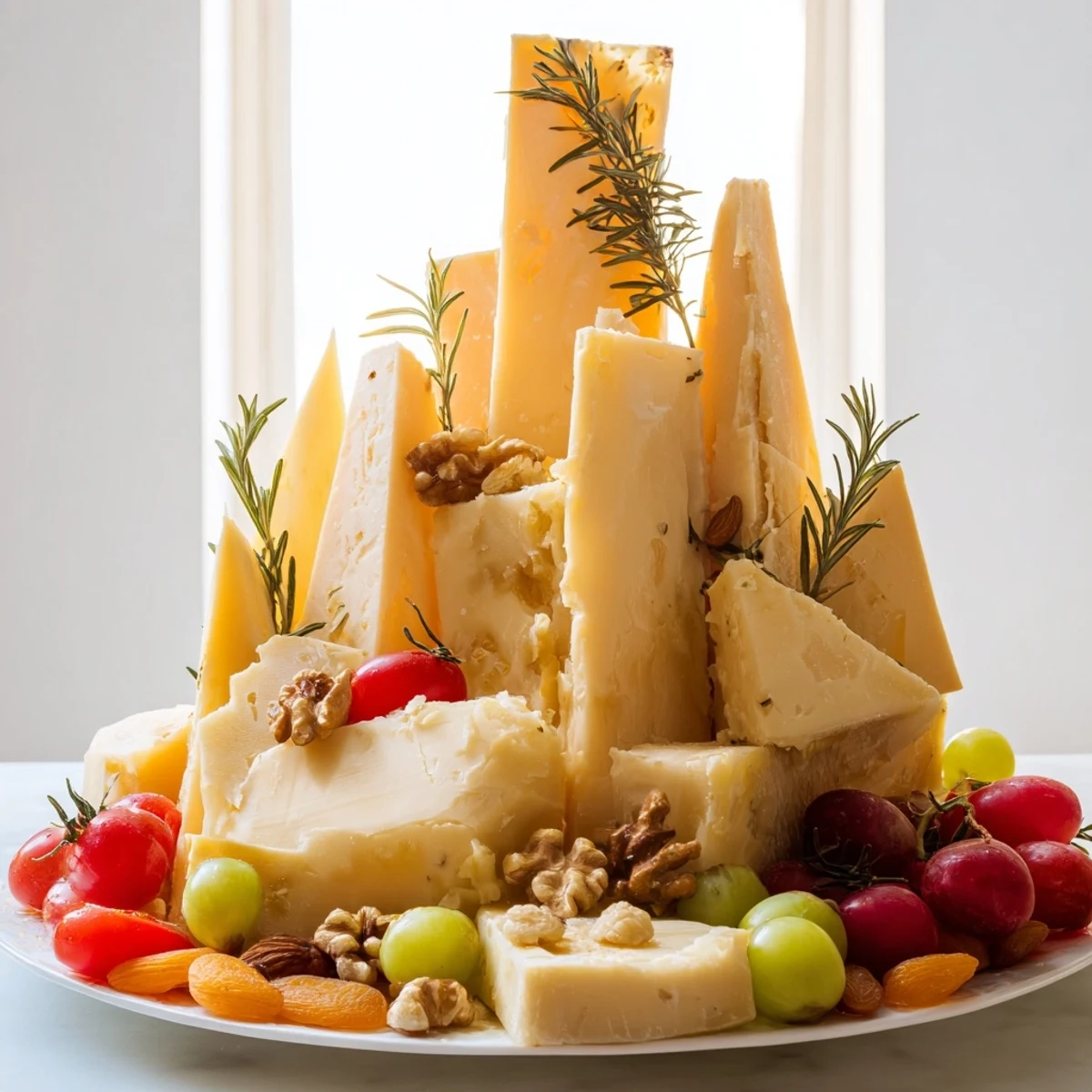 Sculptural Cheese Landscape: A beautiful artisan cheese board with varied cheeses and fresh fruit.
