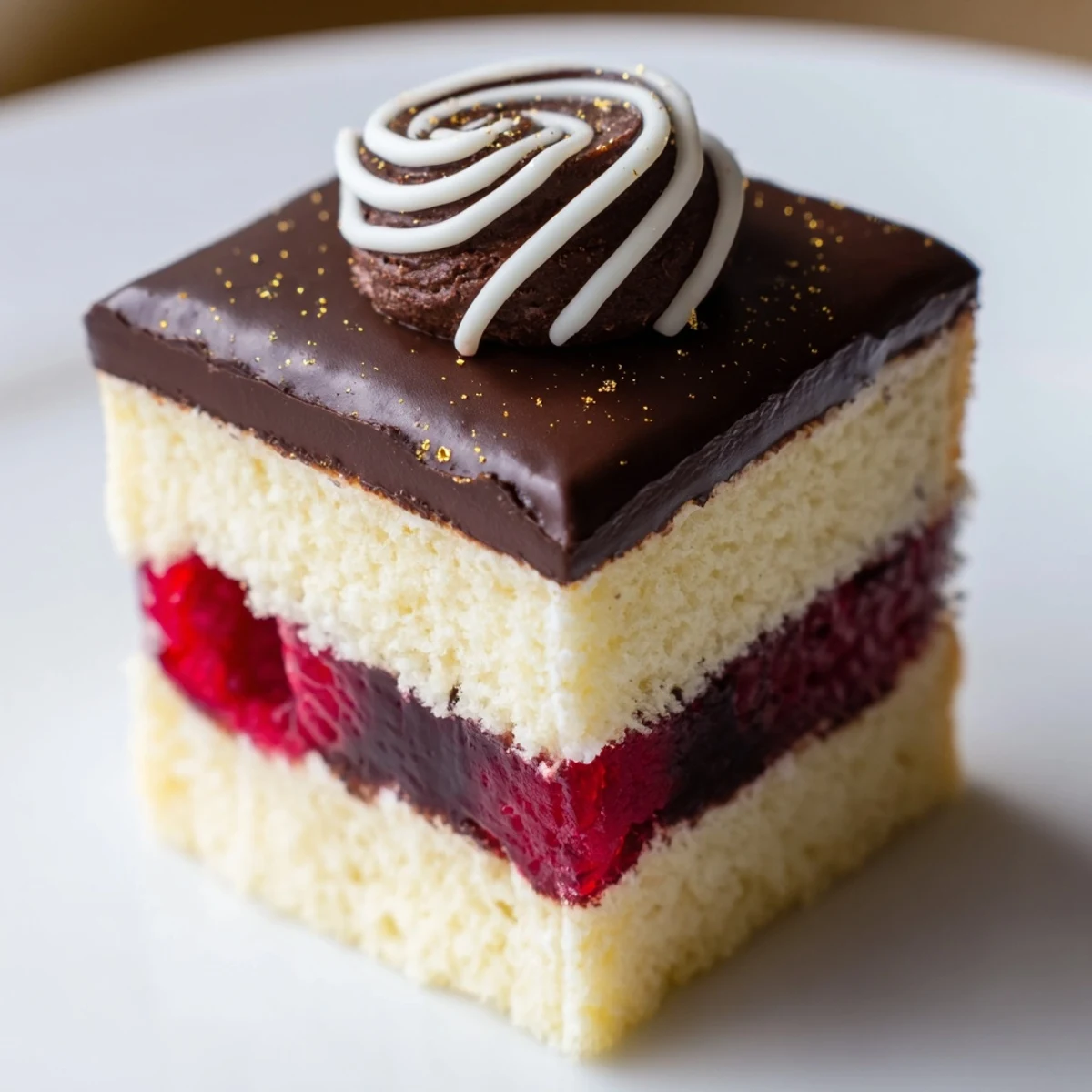 Golden Ratio Shell dessert showcasing a visually stunning spiral of raspberry jelly on a chocolate mousse layer.
