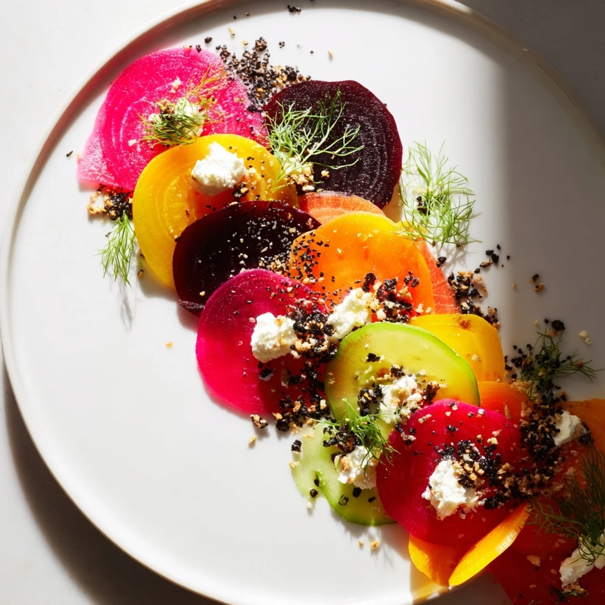 Visually stunning The Kinetic Motion Blur appetizer: a vibrant, artful arrangement with scattered microgreens.