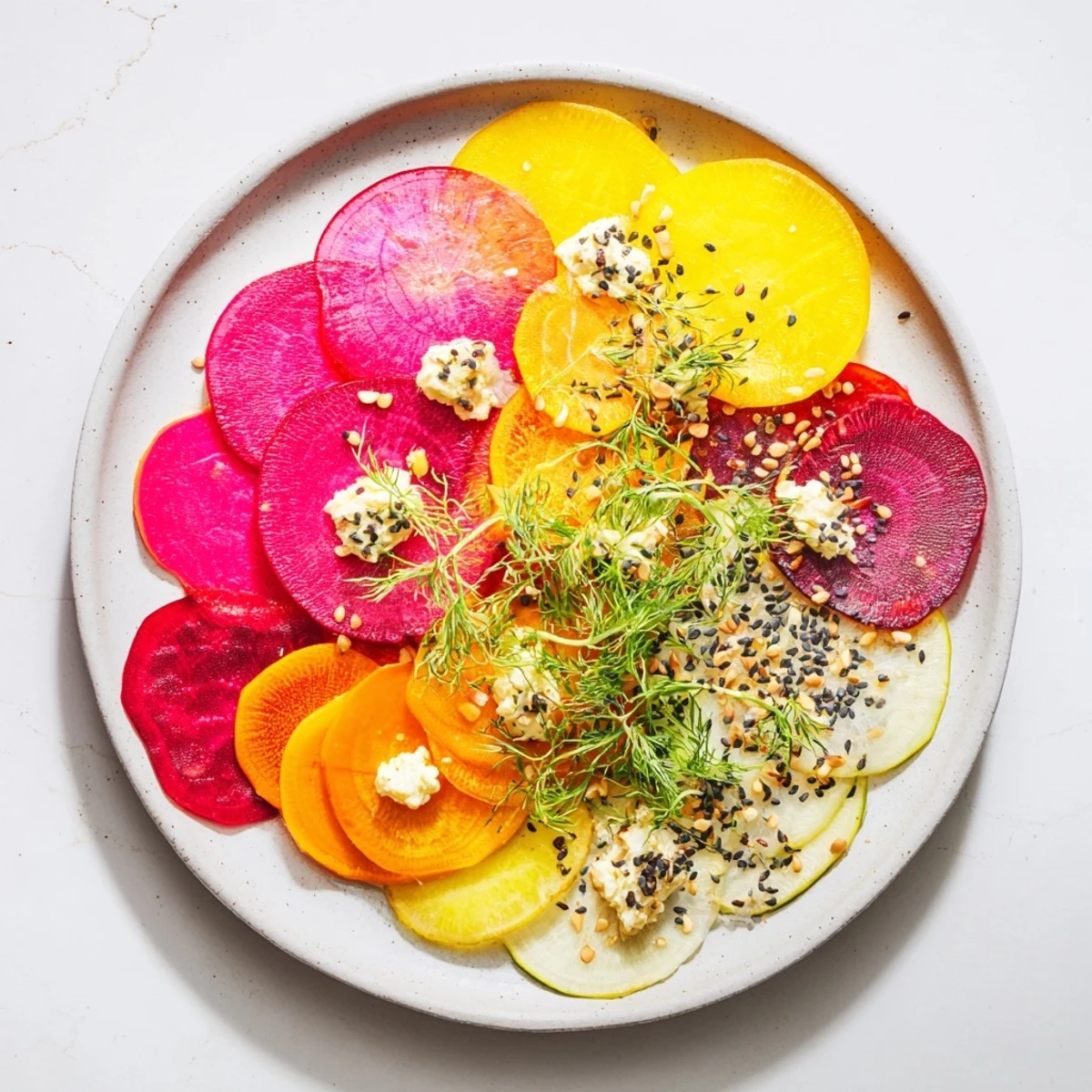 Platter of The Kinetic Motion Blur: colorful, thinly sliced veggies with creamy goat cheese.