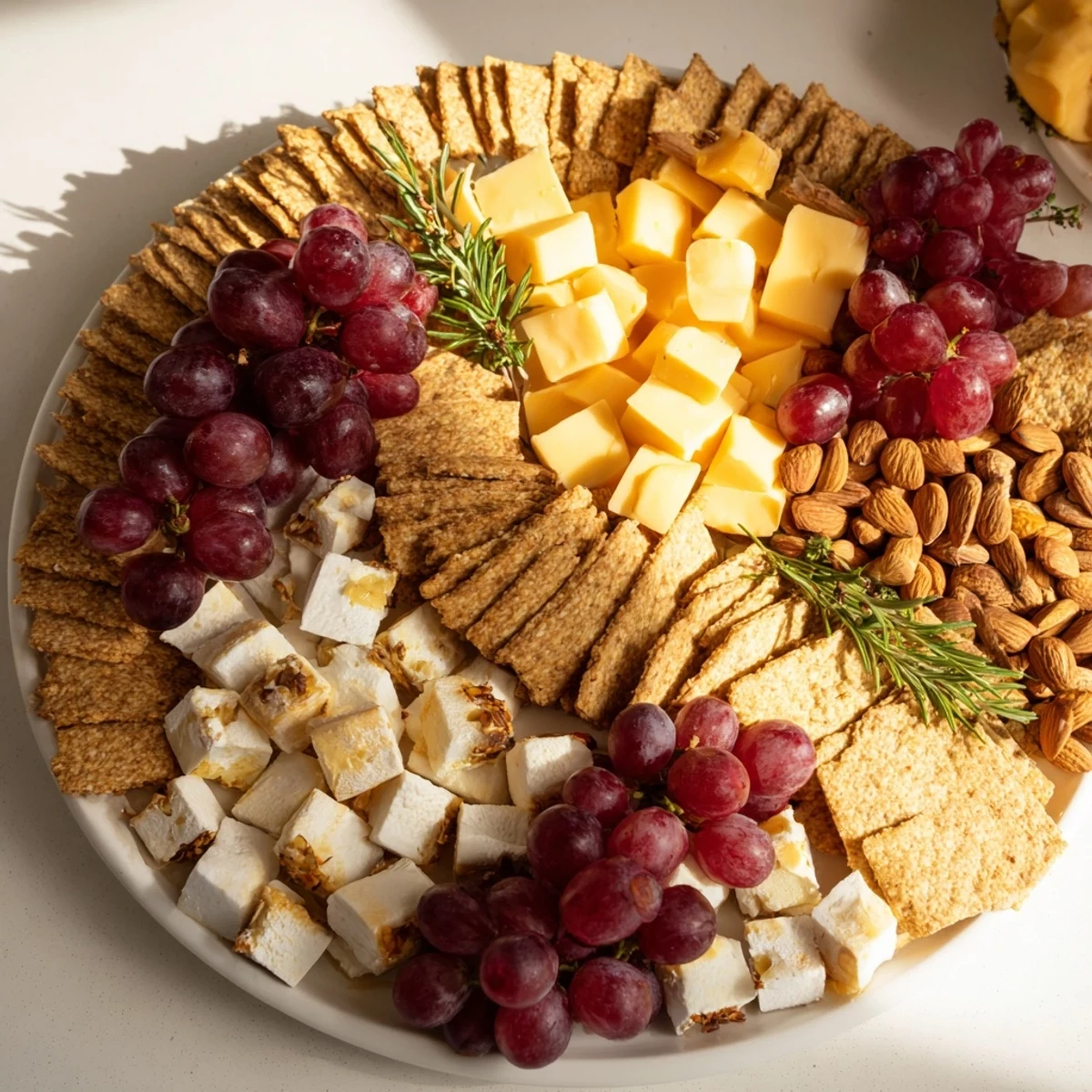 Festive Ouroboros Circle appetizer, with prosciutto, grapes, and nuts, perfect for sharing at parties.
