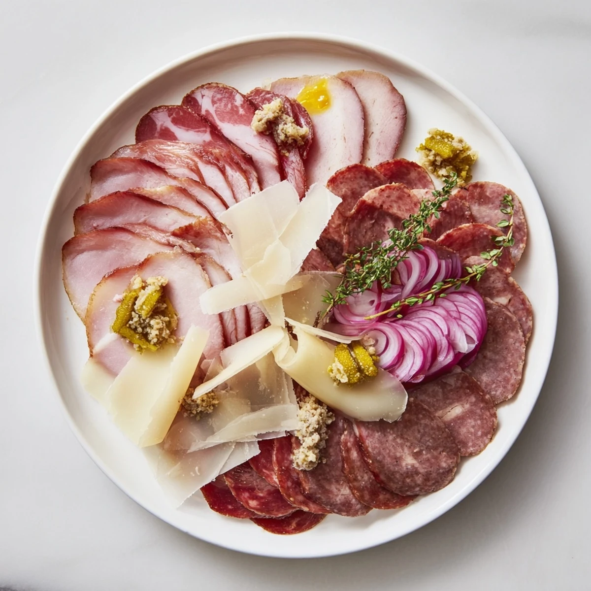 Close-up of a The Burlap & Lace appetizer, featuring thinly shaved cheeses and cured meats, ready to accompany your evening.
