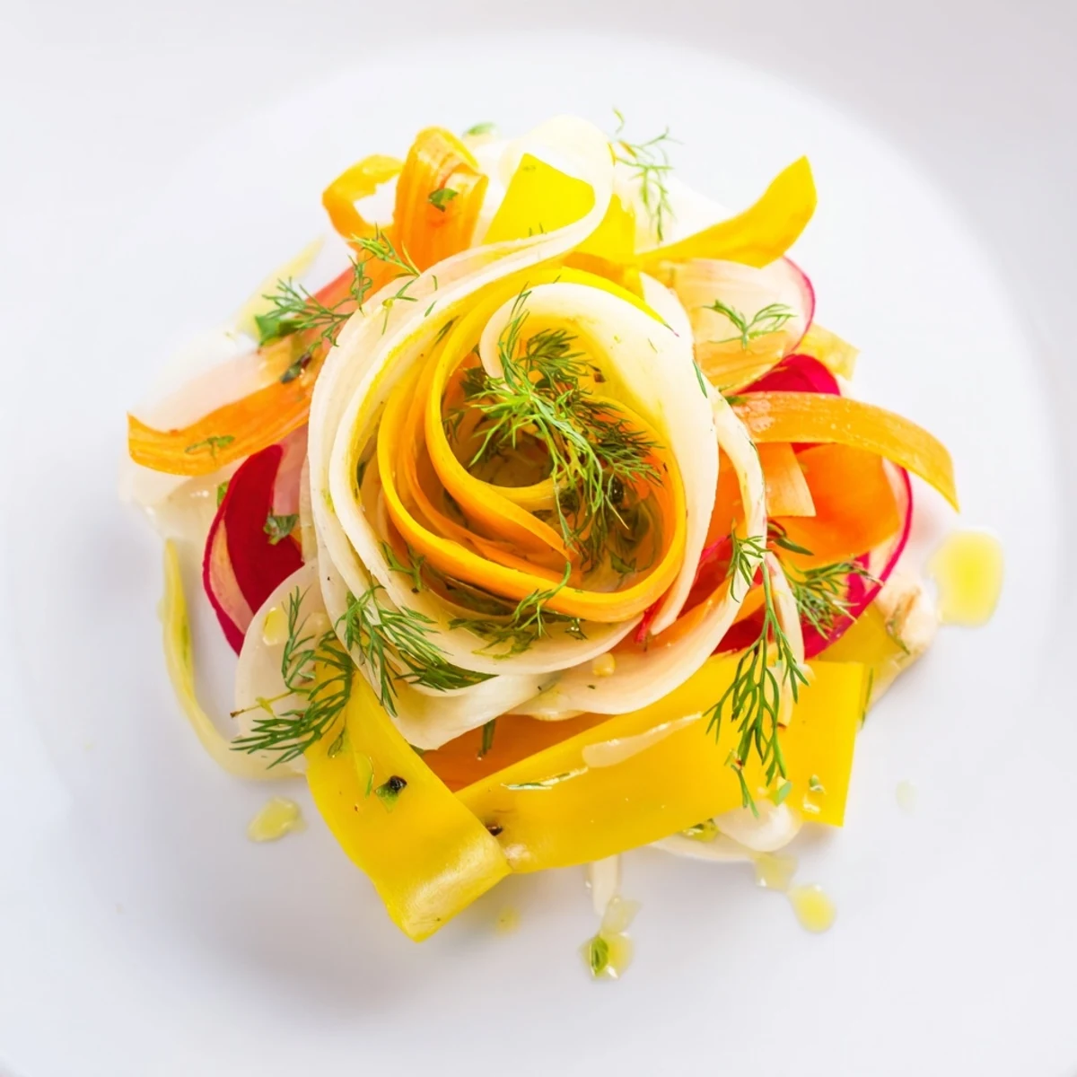 The Spinning Top salad showcases vibrantly colored, thinly sliced vegetables arranged artfully on a plate.