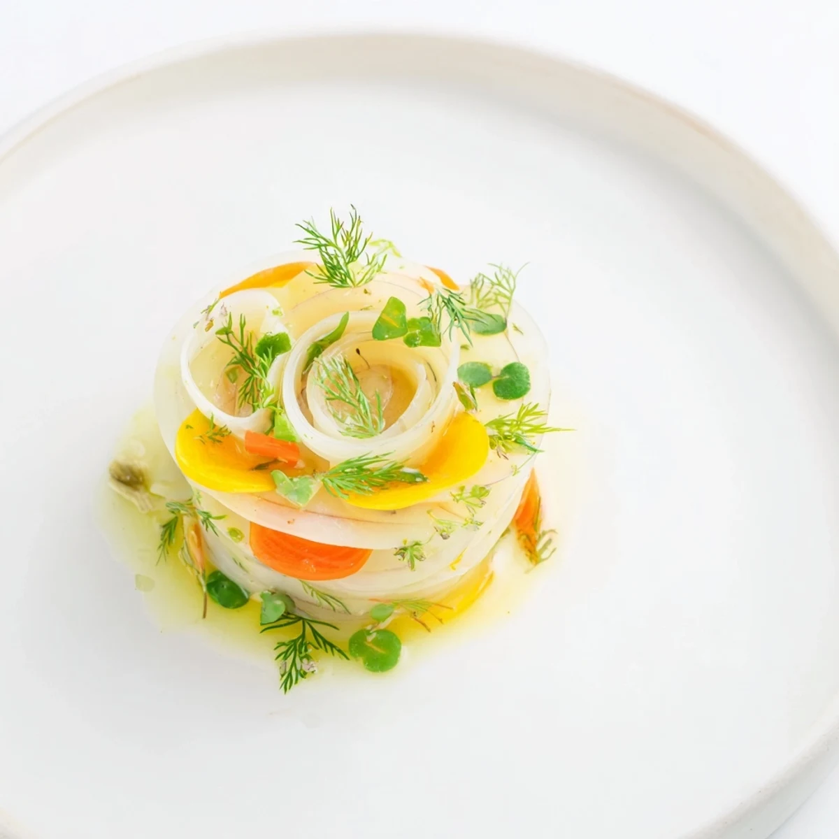 A visually striking presentation of The Spinning Top salad, ready to be drizzled with lemon vinaigrette.