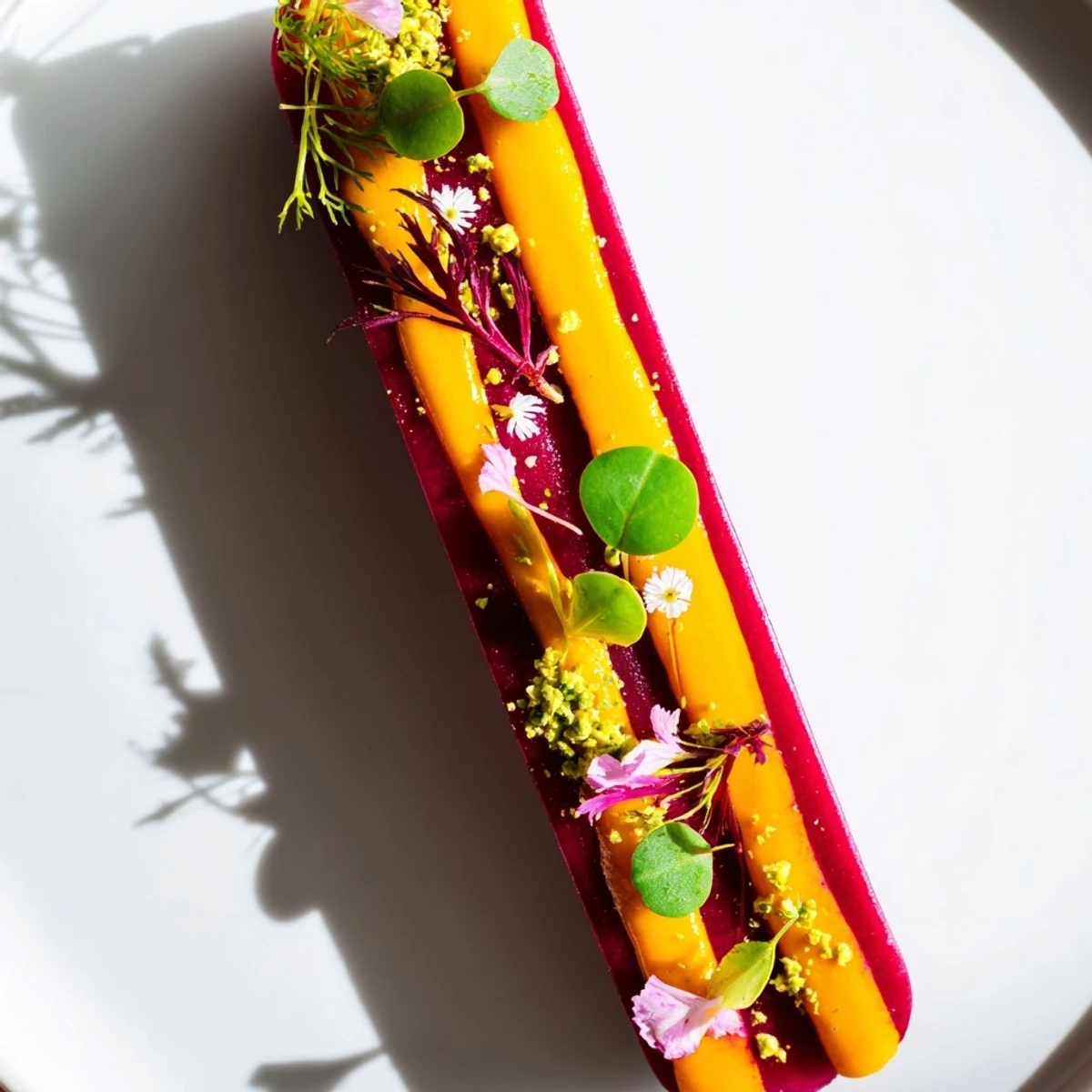 A close-up of The Modernist Stripe showing colorful vegetable stripes garnished with fresh microgreens.